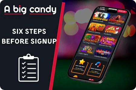 Clipboard checklist with licence, limits and support points that A Big Candy Casino players run through before funding a new site.