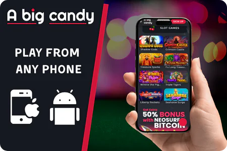 Smartphone screen with pokies open in a mobile browser at A Big Candy Casino.