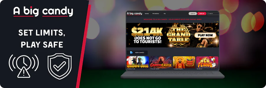 Shield and budget icons showing the responsible play rules that apply to every A Big Candy Casino account.
